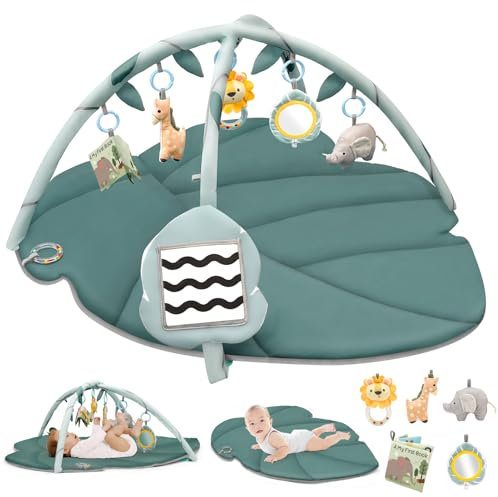 Spielmatte Baby mit Spielbogen, Vanplay Spieldecke Baby mit Bogen, Rutschfest Spieldecke Greifspielzeug Baby Stoffbuch, 6 Abnehmbaren Babyspielzeug, Geschenk Neugeborenes Junge Mädchen