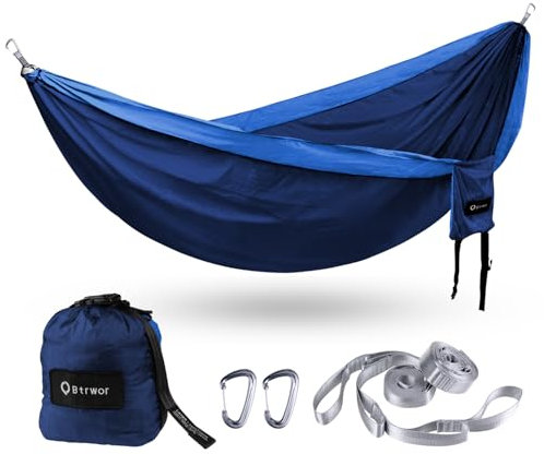 BTRWOR Hängematte Outdoor für 2 Personen | 300kg Traglast | Doppelhängematte mit Befestigungs-Set | Nylon Camping Reisehängematte | 290x170cm(Marineblau)