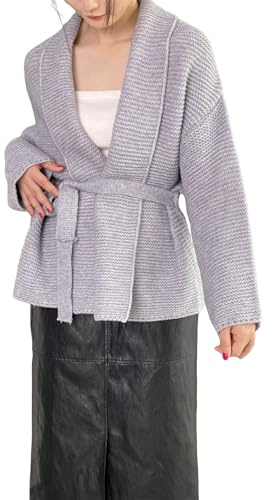 Maglione da donna con cintura arricciata in vita, cardigan casual da donna, cardigan avvolgente, Viola, Taglia unica