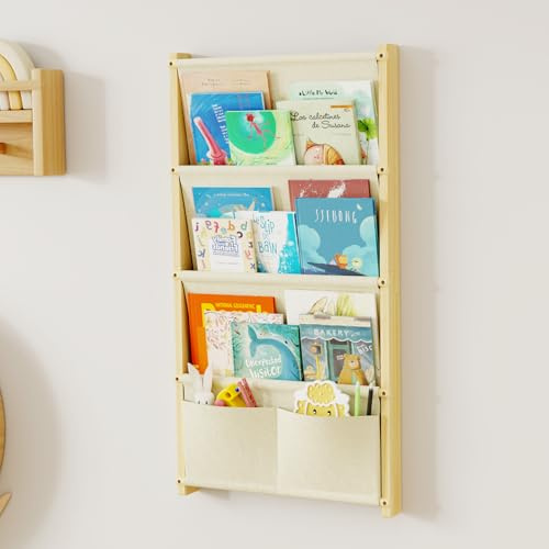 DUHARS Wood 4-Tier Wall Mounted Kids Bookshelf, Floating Book Shelf for Kids Rooms, Nursery, Classroom, Hanging Bookcase Organizer for Books, Toddler Book Shelf, Montessori Bookshelf, Natural Color