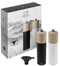 PEUGEOT - Boreal Duo Pepper Mill + Salt Mill 21 cm - Stainless Steel Funnel - Classic Adjustment - Made of PEFC-Certified Beech Wood - Made in France - Matte Black & White Color