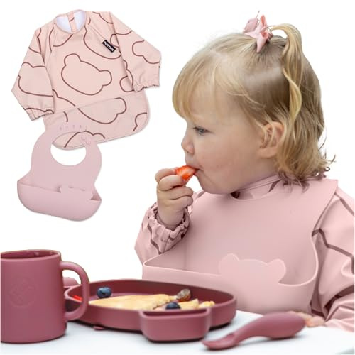 TUM TUM Double Up Baby Bibs Set, inc Long Sleeved Baby Coverall Bib and Silicone Baby Bib, Waterproof and Easy Wipe Clean, Machine Washable (Pink)