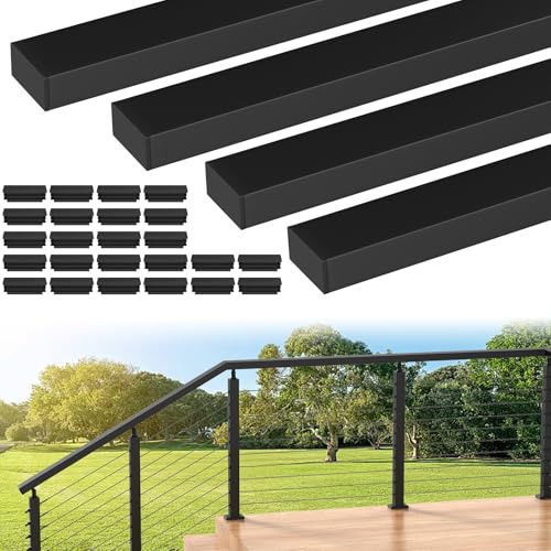 BLIKA 4Pack 6'6'' Stainless Steel Black Cable Railing Handrails, Cuttable Rectangular Handrail Flat Top Rail with Nylon End Caps for Cable Railing System, Deck Stair Cable Railing Post, BL01-T