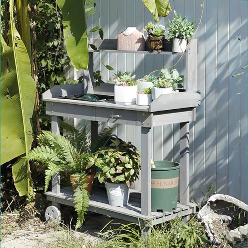 Potting Bench Work Station Wooden Potting Bench Work Table, Wooden Gardening Plant Workstation Natural Solid Wood Garden Potting Station with 2 Wheels and Drawer Sink Hook Open Shelf for Out