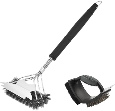 Cepillo de Limpieza para Barbacoa de Acero Inoxidable. Raspador para Parrilla con Mango de Aislamiento Térmico 44,5 cm Largo. Limpiador Inalámbrico con Cepillo 3 en 1 Extra de Regalo para Jardín