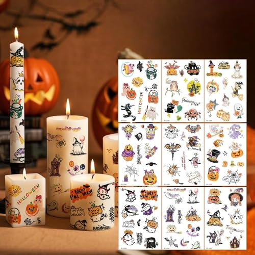 EPODA 12 Stück Kerzentattoo Halloween 3 Stück Party Kerzen Tattoos Gespenst Kerzensticker Wasserschiebefolie Dekorieren Geschenk Stabkerzen