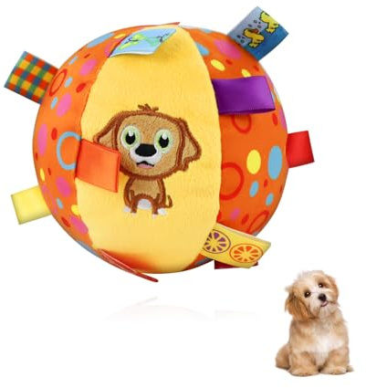 LuckyOpt 15 cm, palla da gioco per cani, in peluche interattiva con targhetta e campane, palla giocattolo per cani, per intrattenimento indoor e all'aperto (cane giallo)