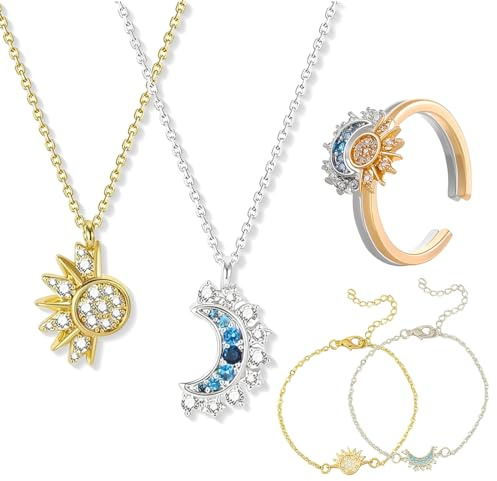 KOQAIIZ 6pcs Collana-Bracciali-Anelli Set, Collana Sole e Luna, Collana Amicizia per 2, Collana di Coppia, Collana Mamma Figlia Amicizia Sorella Gioielli BFF Amicizia Regali
