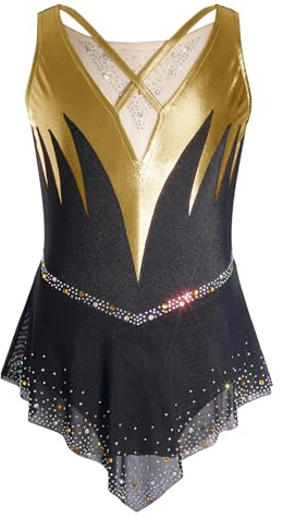 TiaoBug Body da Danza Classica Bambina Abito da Pattinaggio Artistico Senza Maniche Balletto Leotards Body Ginnastica Artistica Costume da Ballo Lirico Contemporaneo Oro&Nero 9-10 anni