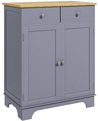 HOMCOM Kitchen Floor Cabinet Side Storage Cupboard Solid Wood Top, Grey | Multi-Use Sideboard Table, Adjustable Shelf, Drawer, for Dining Room, Living Room, Hallway