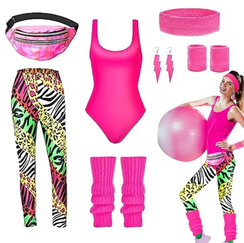 Dam 80-tal träningsdräkt | 80-tal festkostymer, träningstoppar, leggings för kvinnor - med pannband, benvärmare, midjeväska, armband sportkläder set