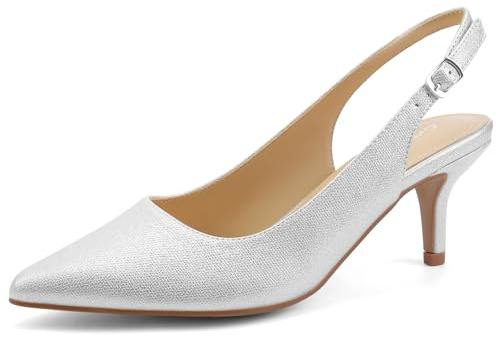 Greatonu Slingback Donna Scarpe Eleganti Decollete con Tacco Medio a Gattino e Punta, Argento EU 41