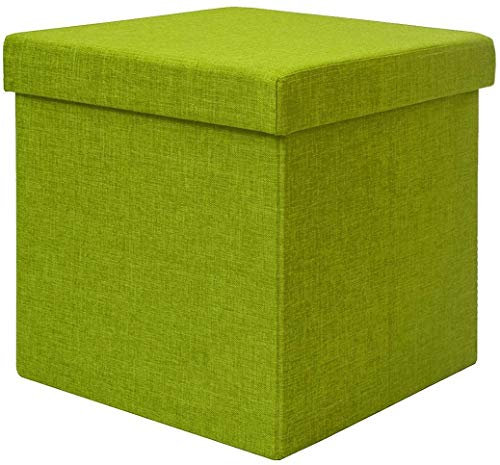DuneDesign Faltbarer Sitzhocker 38cm Fußhocker Polsterhocker mit ca 42L Stauraum Sitzwürfel Sitzkasten Ottomane Leinen Grün