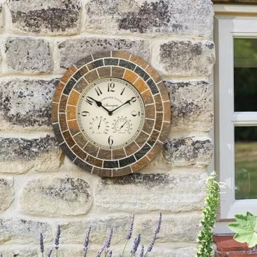 Garden Mile 34cm Stone Slate Outside Clock and Thermometer for Garden Waterproof Barometer Garden Thermometer Outdoor Wall Clock Kitchen Clocks for Livingroom, Patio, Garden