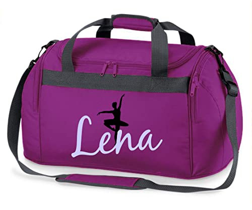 Borsa sportiva per bambine, personalizzabile con nome stampato, motivo ballerina, borsa da viaggio, per lo sport o per il tempo libero (viola)