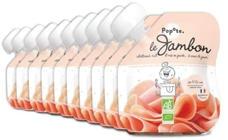 POPOTE – Purée Jambon Bio Pomme de Terre Bébé 60 g – Dès 4/6 mois – Gourde Individuelle – Texture Lisse – Format Pratique à Emporter – Sans Sel Ajouté – Pack Familial 10 x 60 g