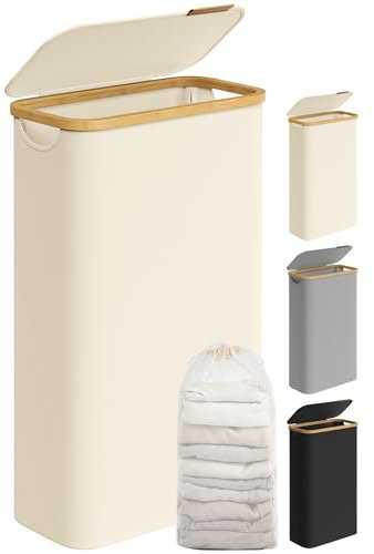 SONGMICS Cesto Portabiancheria con Coperchio, Cesta per Bucato, 65L, Salvaspazio, Sacco Rimovibile, Tessuto Oxford, Manici di Bambù, Pieghevole, 42 x 22,5 x 70,5 cm, Bianco Crema LCB506W01
