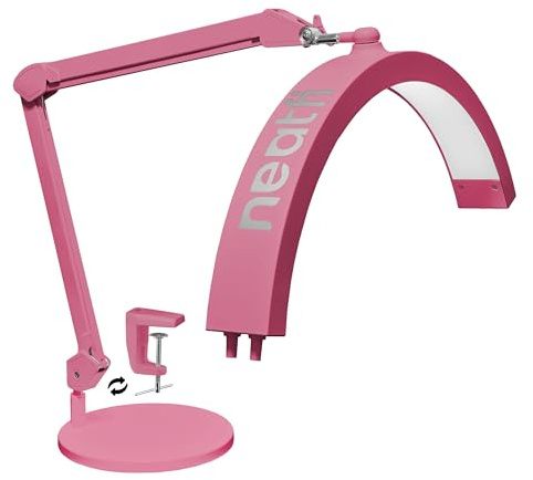 Neatfi Half Moon Swing Arm Bordslampa, LED-belysning för estetiker, 2500 Lumen, 5 ljuslägen, idealisk för nagelkonst, ansiktsbehandlingar, gängning och tatueringar (CCT med Bas och Klämma, Rosa)
