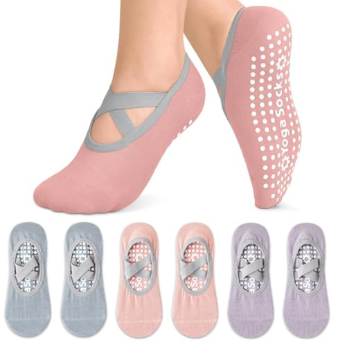 NJCXOLA 3 Pares Calcetines Pilates, Calcetines Yoga para Mujeres Niñas, Calcetines Pilates Mujer Antideslizantes, Calcetines Antideslizantes Calcetine De Agarre medias de ballet con Asas y Correas