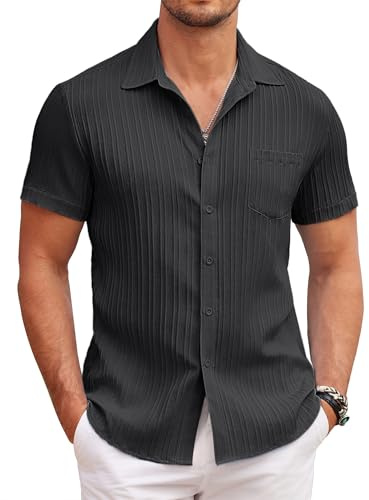 COOFANDY Vardaglig kortärmad skjorta för män sommar button-down texturerade skjortor normal passform strand enfärgad topp med ficka