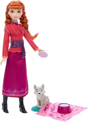 Mattel Disney Frozen Anna Muñeca de moda y lobezno con 4 accesorios como cama y manta para el animal, inspirado en 'Animals of Arendelle', JFG17