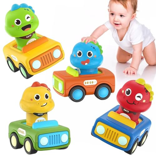 Spielzeugautos ab 1 2 3 Jahr, 4 Stück Auto Spielzeug ab 1 Jahr, Press and Go Auto für Kleinkinder, Dinosaurier Baby Autospielzeug 1 Jahr Jungen, Geburtstag Geschenk für Kinder ab 12 18 Monaten