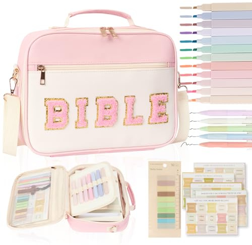 Bible Cover Case for Women Bible Study Supplies Large Preppy Chenille Pink Leather Bible Carrying Tote Bag Letter Bible Case Christmas Christian Gifts for Women Girls (Pink, Large)