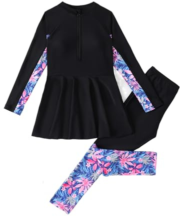 Odizli Burkini Swimwear for Girls Kids Modest Swimsuit Long Sleeve Zip Up Top + Swim Pants Full Body Muslim Islamic Swimming Costume Wetsuit Bathing Suit Rash Guard Beachwear Black 11-12 Years