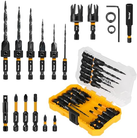 TOLESA Countersink Drill Bit Set, 18 PCS Tapered Counter Sink Drill Bit for Wood with 2PC Wood Plug Cutters, Magnetic Extension Bit Holder, Screwdriver Bits, 1/4 Hex Shank with Storage Box