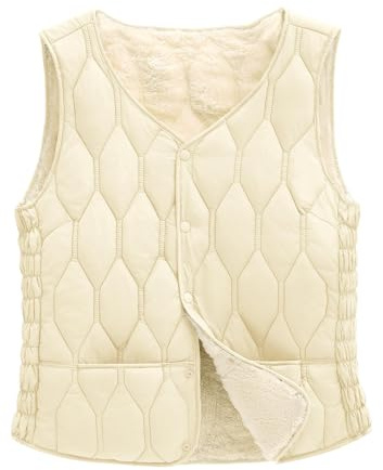 CMTOP Gilet Sans Manche Femme Polaire Chaud Doux Manteaux Sans Manche, Léger Élégant Décontracté Veste Sans Manche, Couleur Unie Matelassé Gilets en Peluche avec Poches et Boutons(Beige,XS)