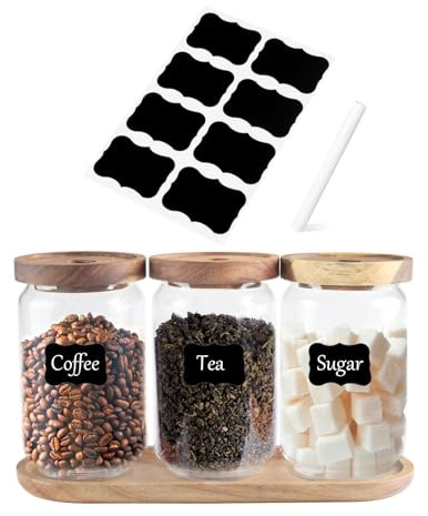 Gzsekken Tea Coffee Sugar Canisters, Airtight Coffee Tea Sugar Set with Wooden Tray, Clear Stackable Kitchen Canisters, Glass Food Storage Jars Set of 3 for Countertop Pantry Organisation