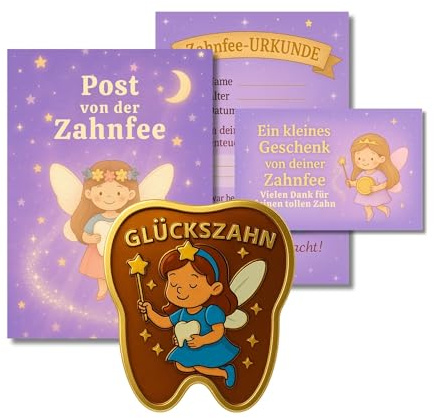 Milaboo tandfas-present till barn – tandform lyckomynt (3,5 cm) i organzapåsar med kort, post från tandsten, certifikat och kuvert – presentset för förlust av tänder (lila)