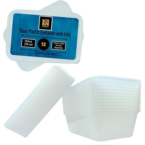 NUNOCHO Plastic Food Containers With Lids. Pack of 12 750 ml. Clear Freezer Storage Boxes, Food Storage, Microwave, Fridge, Washable, Recyclable, Leak Proof, Reusable, BPA free, Takeaway.