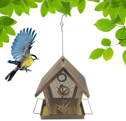 Mangeoire pour oiseaux d'extérieur - Anti-écureuils - Grille métallique - Avec protection contre les écureuils - Protection contre les intempéries - Pour pinson, balcon, fenêtre, terrasse, patio