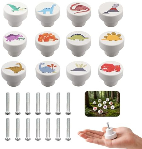 XIANJIA 12 Pièces Boutons de Meuble Enfant Dinosaures, Boutons de Porte en Bois, Boutons de Meuble Décoration Cartoon pour Armoire, Commode, Tiroir, Salle de Bain, Chambre Enfant