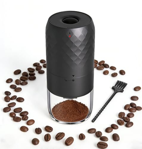 WIWONEY Macinacaffè elettrico portatile, macina conica con 5 gradi di macinazione regolabili, ricarica rapida USB-C e funzionamento con un solo pulsante, spazzola per la pulizia