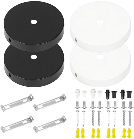 Set 4 Rosone per Lampadario da Soffitto Ø 10cm, Base Circolare in Metallo per Lampade a Sospensione e Parete, Staffa di Montaggio Inclusa, Kit Copri Fili per Cucina e Soggiorno (Nero e Bianco)