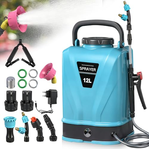 Viugreum 12L Pulverizador de Mochila a Batería, 12V Pulverizador Eléctrico de Jardín con 5 Boquillas de Nebulización, Lanza Telescópica y Correa Ajustable para Riego, Irrigación y Mantenimiento