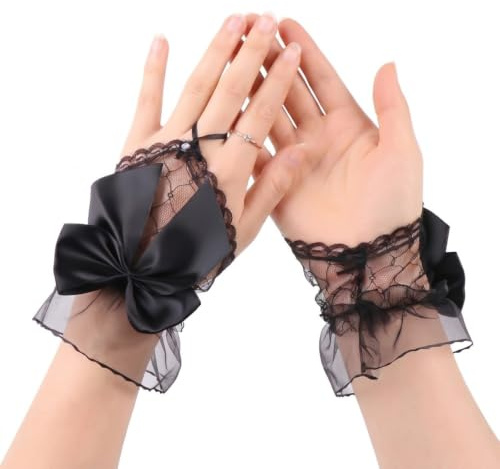 Shentu Stitched Ribbon Bows Black Lace Gloves Women Fingerless Mesh Sheer Dress Gloves Anti Fray Elastic Soft Opera Evening Gloves for Wedding Tea Party