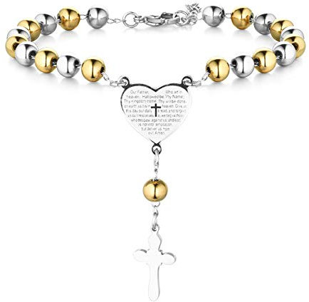 Flongo Bracciale Rosario Uomo Ciondolo Cuore Croce con Bibbia, Bracciale Preghiera, Regalo