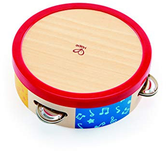 Hape Bunter Tamburin aus Holz | Buntes Holz-Tamburin, sanfter Klang und motorischer Lernspaß, Musikinstrument für Kinder ab 12 Monaten