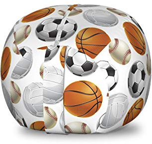 Ambesonne Sports Storage Toy Bag Chair, Football and Volleyball Pattern Competition Theme Physical Activities Design, Stuffed Animal Organizer Washable Bag, Small Size, Orange Cream Black