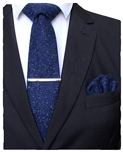 RBOCOTT Navy Blue Wool Tie and Pocket Square,Cashmere Necktie Tie Clip Set for Men (15)