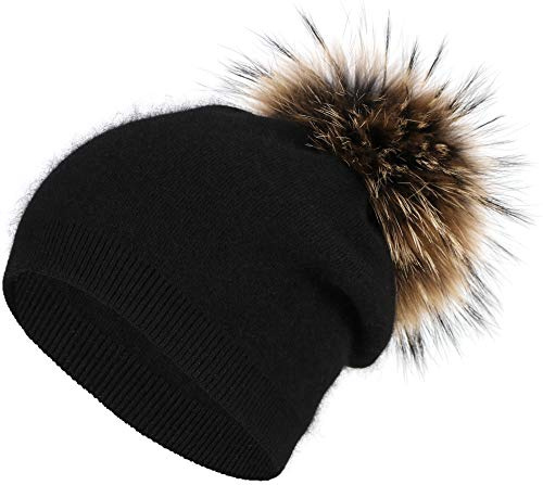 EASTER BARTHE Women Black Wool Blend Slouchy Knit Beanie Hat with Black Yellow Fur Pom Pom Winter Beanie Hat (Black Yellow)
