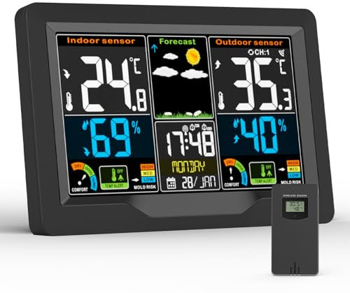 Station Meteo, Station Meteo Interieur Exterieur sans Fil avec Capteur Extérieur, Écran LCD Couleur Numérique, Thermomètre Hygromètre Baromètre des Phases de Lune, PréVision de la TempéRature Météo
