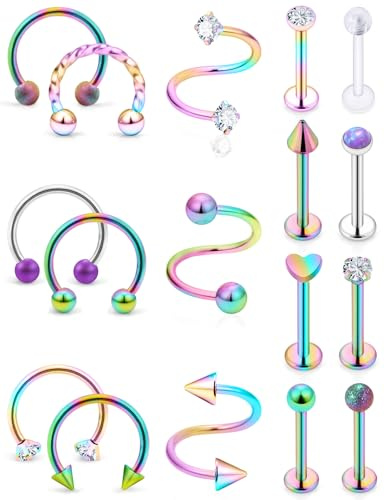 Xnsjeyy 16G Horseshoe Lip Rings 316L Surgical Steel Medusa Labret Snake Bite Monroe Lip Ring 16 Gauge Tragus Forward Helix Conch Cartilage Lobe Earrings Stud Piercing Jewelry For Women Men Rainbow
