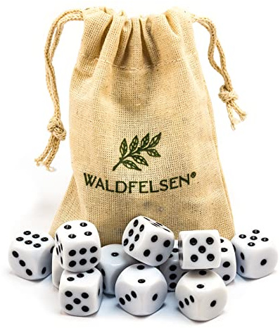 Waldfelsen® Högkvalitativa tärningar, 6, 12, 20, 30 eller 50 stycken, i standardstorlek: 16 mm, 6-sidiga akryltärningar, speltillbehör, i set med tygpåse (vit, 12 stycken)