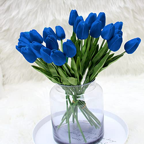 Tulipanes artificiales azules de seda (20 tallos) para decoración del hogar y boda, 13.5 pulgadas de imitación de tulipanes de flores de mesa de comedor de plantas artificiales, ramo de boda