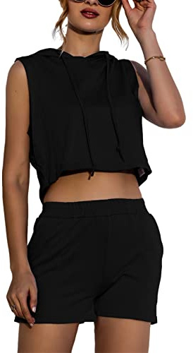 amropi Tuta da Ginnastica Donna Felpa con Cappuccio e Pantaloncini 2 Pezzi Completi Nero,S