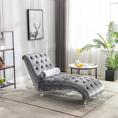 Holaki Chaise Lounge Chair,Modern Velvet Button-Tufted Leisure Concubine Sofa Chaise Chair Reclining Lounger Barrel Sofa w/Support Pillow, Nailhead Trim and Turned Legs for Bedroom Living Room(Silver)